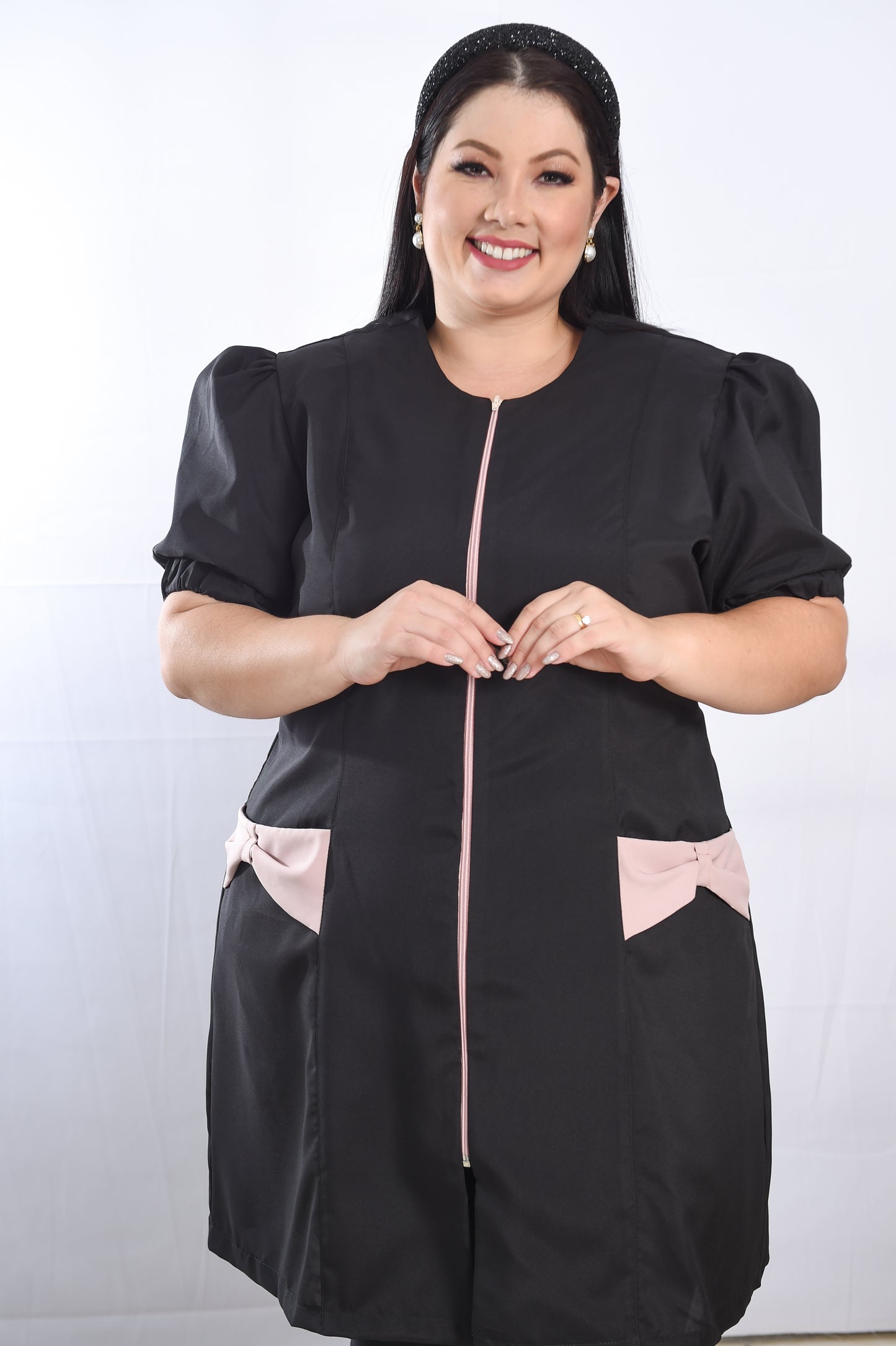 Jaleco Plus Size Feminino Fabi Preto com Rosê