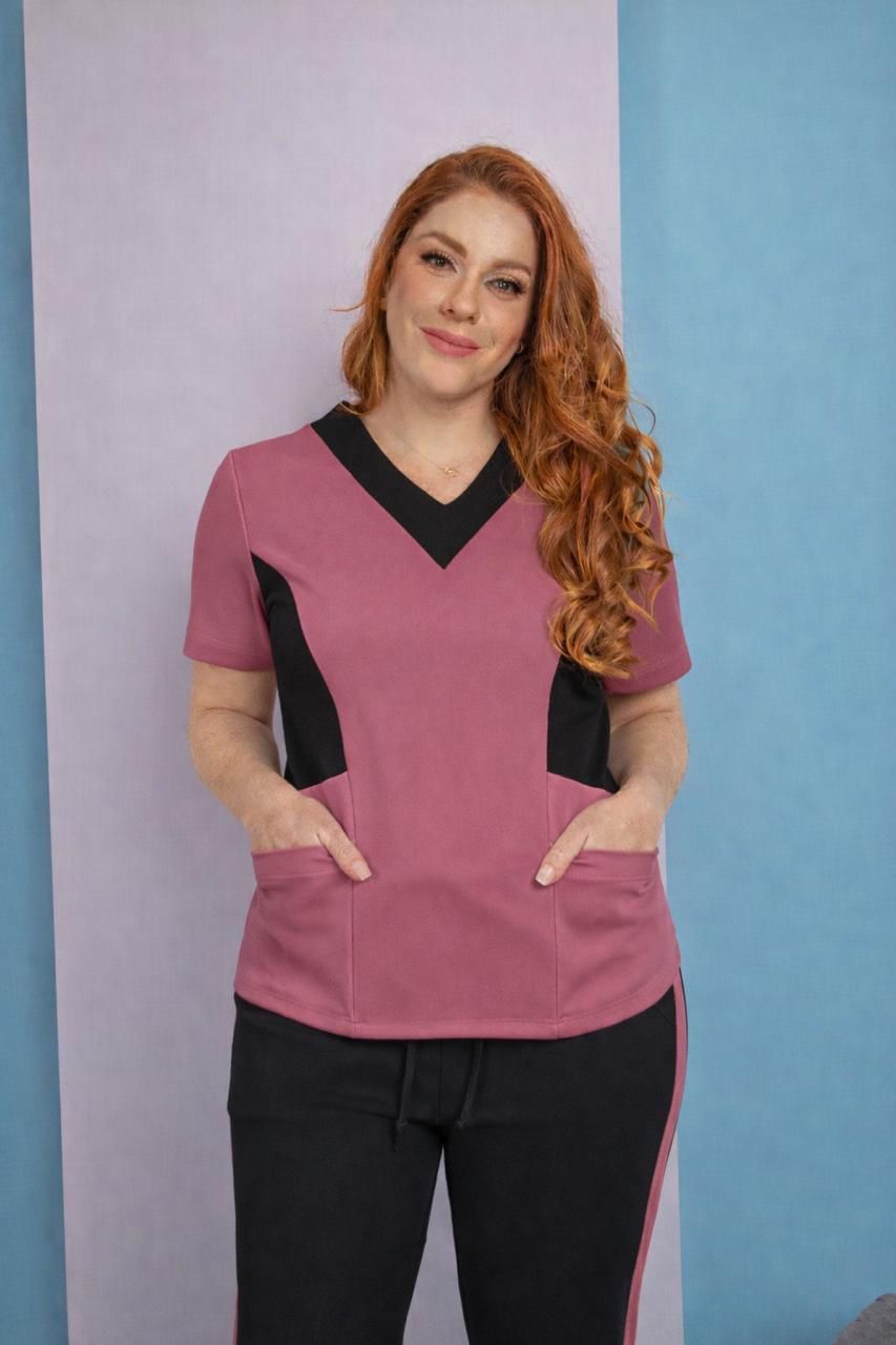 Scrub Feminino Confy Rosê Escuro com Preto | Tam M